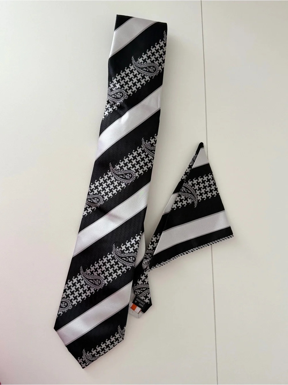 Henri Picard Men’s Black White Paisley Houndstooth Striped Tie & Pocket Square